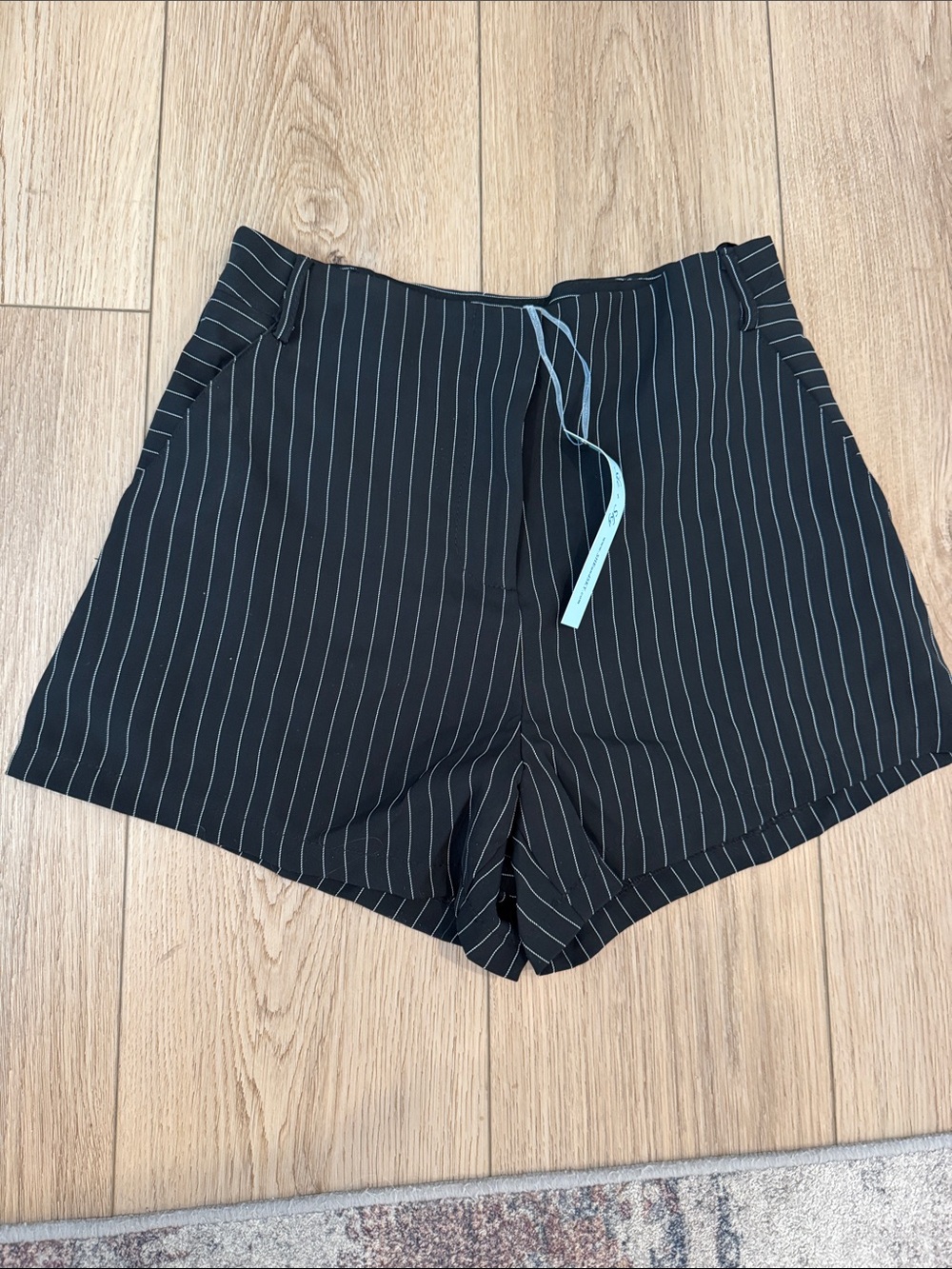 She + Sky Black Pinstripe High-Rise Shorts